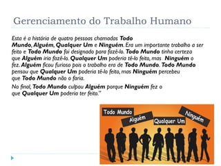Gerenciamento do Trabalho Humano
Esta é a história de quatro pessoas chamadas Todo
Mundo, Alguém, Qualquer Um e Ninguém. Era um importante trabalho a ser
feito e Todo Mundo foi designado para fazê-lo. Todo Mundo tinha certeza
que Alguém iria fazê-lo. Qualquer Um poderia tê-lo feito, mas Ninguém o
fez. Alguém ficou furioso pois o trabalho era de Todo Mundo. Todo Mundo
pensou que Qualquer Um poderia tê-lo feito, mas Ninguém percebeu
que Todo Mundo não o faria.
No final, Todo Mundo culpou Alguém porque Ninguém fez o
que Qualquer Um poderia ter feito.”
 