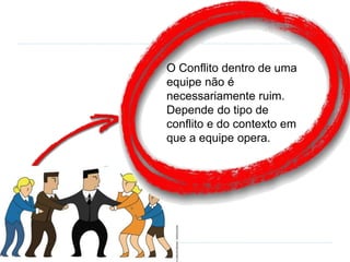 47
O Conflito dentro de uma
equipe não é
necessariamente ruim.
Depende do tipo de
conflito e do contexto em
que a equipe opera.
 