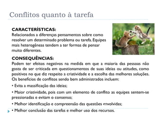 Conflitos quanto à tarefa
CARACTERÍSTICAS:
Relacionados a diferenças pensamentos sobre como
resolver um determinado problema ou tarefa. Equipes
mais heterogêneas tendem a ter formas de pensar
muito diferentes.
CONSEQUÊNCIAS:
Podem ter efeitos negativos na medida em que a maioria das pessoas não
gosta de ser criticada em questionamentos de suas ideias ou atitudes, como
positivos no que diz respeito a criatividade e a escolha das melhores soluções.
Os benefícios de conflitos sendo bem administrados incluem:
• Evita a massificação das ideias;
• Maior criatividade, pois com um elemento de conflito as equipes sentem-se
pressionadas e evitam o consenso;
• Melhor identificação e compreensão das questões envolvidas;
• Melhor conclusão das tarefas e melhor uso dos recursos.
49
 
