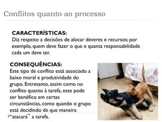 Conflitos quanto ao processo
CARACTERÍSTICAS:
Diz respeito a decisões de alocar deveres e recursos; por
exemplo, quem deve fazer o que e quanta responsabilidade
cada um deve ter.
CONSEQUÊNCIAS:
Este tipo de conflito está associado a
baixo moral e produtividade do
grupo. Entretanto, assim como no
conflito quanto à tarefa, esse pode
ser benéfico em certas
circunstâncias, como quando o grupo
está decidindo de que maneira
“atacará” a tarefa.
49
 