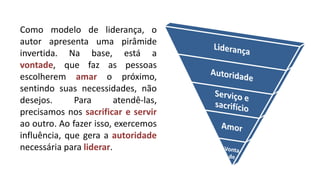 Como modelo de liderança, o autor apresenta uma pirâmide invertida. Na base, está a vontade, que faz as pessoas escolherem amar o próximo, sentindo suas necessidades, não desejos. Para atendê-las, precisamos nos sacrificar e servir ao outro. Ao fazer isso, exercemos influência, que gera a autoridade necessária para liderar.  