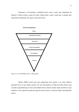 35




            Entretanto, se invertermos a pirâmide temos como a parte mais importante do
negócio o cliente externo e para ele estará voltada todas a ações, sendo que a camada mais
importante da pirâmide será, agora, o pessoal de base.




                   NOVO PARADIGMA

                                    Cliente



                              Empregados (associados)




                                   Supervisores




                             Gerentes intermediários




                                Vice-presidente




                                    Presidente




Figura 4: Fonte: HUNTER, James C. 2005, pág 50




            Hunter (2004), ensina que uma organização deve pensar e ter como objetivo
principal servir ao seu cliente externo. Os seus funcionários de linha de frente devem estar
servindo e garantindo que as reais necessidades desses clientes estarão sendo satisfeitas. E que
também os seus superiores pudessem agir da mesma forma, e assim por diante, pela pirâmide
abaixo.
 
