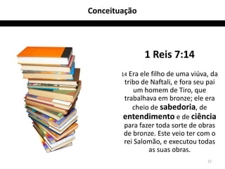 Conceituação




                1 Reis 7:14
        14 Era ele
                 filho de uma viúva, da
        tribo de Naftali, e fora seu pai
            um homem de Tiro, que
        trabalhava em bronze; ele era
           cheio de sabedoria, de
        entendimento e de ciência
        para fazer toda sorte de obras
        de bronze. Este veio ter com o
        rei Salomão, e executou todas
                as suas obras.
                                    22
 
