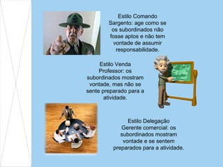 Estilo Comando Sargento: age como se os subordinados não fosse aptos e não tem vontade de assumir responsabilidade. Estilo Venda Professor: os subordinados mostram vontade, mas não se sente preparado para a atividade. Estilo Delegação Gerente comercial: os subordinados mostram vontade e se sentem preparados para a atividade. 
