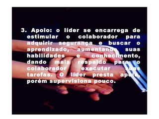 3. Apoio: o líder se encarrega de estimular o colaborador para adquirir segurança e buscar o aprendizado, aumentando suas habilidades e conhecimento, dando mais respaldo para o colaborador executar suas tarefas. O líder presta apoio, porém supervisiona pouco.  