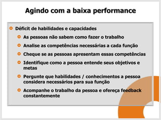 Agindo com a baixa performance

Déficit de habilidades e capacidades
   As pessoas não sabem como fazer o trabalho
   Analise as competências necessárias a cada função
   Cheque se as pessoas apresentam essas competências
   Identifique como a pessoa entende seus objetivos e
   metas
   Pergunte que habilidades / conhecimentos a pessoa
   considera necessários para sua função
   Acompanhe o trabalho da pessoa e ofereça feedback
   constantemente
 