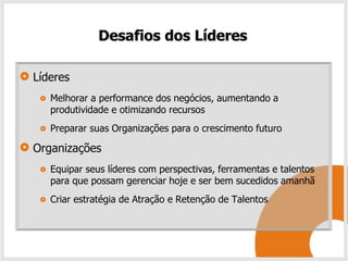 Desafios dos Líderes

Líderes
   Melhorar a performance dos negócios, aumentando a
   produtividade e otimizando recursos
   Preparar suas Organizações para o crescimento futuro

Organizações
   Equipar seus líderes com perspectivas, ferramentas e talentos
   para que possam gerenciar hoje e ser bem sucedidos amanhã
   Criar estratégia de Atração e Retenção de Talentos
 