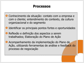 Processos

Conhecimento da situação: contato com a empresa e
com o cliente; entendimento do contexto, da cultura
organizacional e do segmento
Identificar os principais pontos fortes e oportunidades
Reflexão e definição dos aspectos a serem
trabalhados; Elaboração do Plano de Ação
Acompanhamento da implementação do Plano de
Ação, utilizando ferramentas de análise e feedback do
processo de negociação
 
