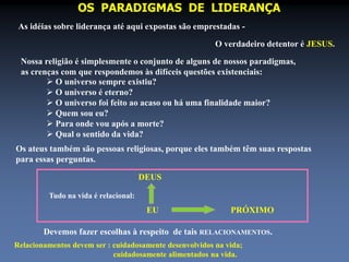 OS PARADIGMAS DE LIDERANÇA 
As idéias sobre liderança até aqui expostas são emprestadas - 
O verdadeiro detentor é JESUS. 
Nossa religião é simplesmente o conjunto de alguns de nossos paradigmas, 
as crenças com que respondemos às difíceis questões existenciais: 
 O universo sempre existiu? 
 O universo é eterno? 
 O universo foi feito ao acaso ou há uma finalidade maior? 
 Quem sou eu? 
 Para onde vou após a morte? 
 Qual o sentido da vida? 
Os ateus também são pessoas religiosas, porque eles também têm suas respostas 
para essas perguntas. 
Tudo na vida é relacional: 
DEUS 
EU PRÓXIMO 
Devemos fazer escolhas à respeito de tais RELACIONAMENTOS. 
Relacionamentos devem ser : cuidadosamente desenvolvidos na vida; 
cuidadosamente alimentados na vida. 
 