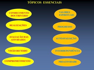 TÓPICOS ESSENCIAIS 
CONHECIMENTO 
DOUTRINÁRIO 
VALORES 
ESPIRITUAIS 
REALIZAÇÕES 
PROGRESSO 
AVALIAÇÃO DAS 
ATIVIDADES 
AUTOAVALIAÇÃO 
VISÃO DO TODO INTERDEPENDÊNCIA 
COMPROMETIMENTO PROATIVIDADE 
 