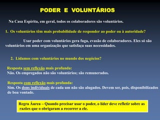 PODER E VOLUNTÁRIOS 
Na Casa Espírita, em geral, todos os colaboradores são voluntários. 
1. Os voluntários têm mais probabilidade de responder ao poder ou à autoridade? 
Usar poder com voluntários gera fuga, evasão de colaboradores. Eles só são 
voluntários em uma organização que satisfaça suas necessidades. 
2. Lidamos com voluntários no mundo dos negócios? 
Resposta sem reflexão mais profunda: 
Não. Os empregados não são voluntários; são remunerados. 
Resposta com reflexão mais profunda: 
Sim. Os dons individuais de cada um não são alugados. Devem ser, pois, disponibilizados 
de boa vontade. 
Regra Áurea – Quando precisar usar o poder, o líder deve refletir sobre as 
razões que o obrigaram a recorrer a ele. 
 