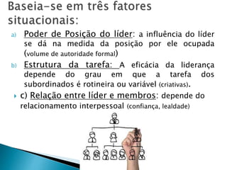 a) Poder de Posição do líder: a influência do líder
se dá na medida da posição por ele ocupada
(volume de autoridade formal)
b) Estrutura da tarefa: A eficácia da liderança
depende do grau em que a tarefa dos
subordinados é rotineira ou variável (criativas).
 c) Relação entre líder e membros: depende do
relacionamento interpessoal (confiança, lealdade)
 