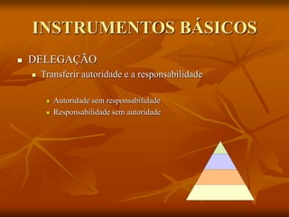 INSTRUMENTOS BÁSICOS
 DELEGAÇÃO
 Transferir autoridade e a responsabilidade
 Autoridade sem responsabilidade
 Responsabilidade sem autoridade
 