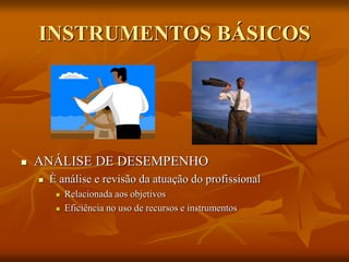 INSTRUMENTOS BÁSICOS
 ANÁLISE DE DESEMPENHO
 È análise e revisão da atuação do profissional
 Relacionada aos objetivos
 Eficiência no uso de recursos e instrumentos
 