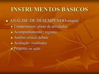 INSTRUMENTOS BÁSICOS
 ANALISE DE DESEMPENHO-etapas
 Compromisso: plano de atividades
 Acompanhamento : registro
 Análise crítica: debate
 Avaliação: resultados
 Proposta ou ação
 