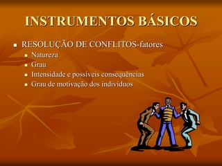 INSTRUMENTOS BÁSICOS
 RESOLUÇÃO DE CONFLITOS-fatores
 Natureza
 Grau
 Intensidade e possíveis consequências
 Grau de motivação dos indivíduos
 