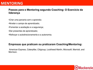MENTORING	
  
    Passos para o Mentoring segundo Coaching: O Exercicio da
    liderança

    • Criar uma parceria com o aprendiz;
    • Nivelar o campo de aprendizado;
    • Fomentar a aceitação e a segurança;
    • Dar presentes de aprendizado;
    • Reforçar o autodirecionamento e a autonomia.



    Empresas que praticam ou praticaram Coaching/Mentoring:
    American Express, Caterpillar, Citigroup, Lockheed Martin, Microsoft, Marriott, and
    Morrison.
 