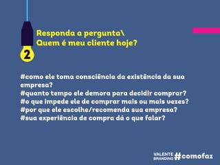 #como ele toma consciência da existência da sua
empresa?
#quanto tempo ele demora para decidir comprar?
#o que impede ele de comprar mais ou mais vezes?
#por que ele escolhe/recomenda sua empresa?
#sua experiência de compra dá o que falar?
2
Responda a pergunta
Quem é meu cliente hoje?
 