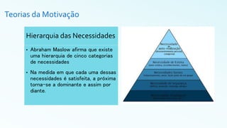 Teorias da Motivação
Hierarquia das Necessidades
• Abraham Maslow afirma que existe
uma hierarquia de cinco categorias
de necessidades
• Na medida em que cada uma dessas
necessidades é satisfeita, a próxima
torna-se a dominante e assim por
diante.
 