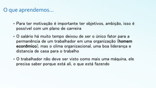 O que aprendemos...
• Para ter motivação é importante ter objetivos, ambição, isso é
possível com um plano de carreira
• O salário há muito tempo deixou de ser o único fator para a
permanência de um trabalhador em uma organização (homem
econômico), mas o clima organizacional, uma boa liderança e
distancia de casa para o trabalho
• O trabalhador não deve ser visto como mais uma máquina, ele
precisa saber porque está ali, o que está fazendo
 