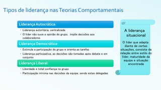 Tipos de liderança nasTeorias Comportamentais
Liderança Autocrática:
• Liderança autoritária, centralizada
• O líder não ouve a opinião do grupo, impõe decisões aos
colaboradores
Liderança Democrática:
• Estimula a participação do grupo e orienta as tarefas
• Liderança participativa, as decisões são tomadas após debate e em
conjunto
Liderança Liberal:
• Liberdade e total confiança no grupo
• Participação mínima nas decisões da equipe, sendo estas delegadas
A liderança
situacional
O líder que adapta
diante de certas
situações, consiste da
relação entre estilo do
líder, maturidade da
equipe e situação
encontrada
 