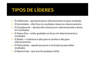 O Indiferente – apresenta baixo relacionamento e baixo resultado.
O Controlador – Alto foco no resultado e baixo no relacionamento.
O Complacente – denota alto interesse em relacionamento e baixo 
em resultados.
O Status Quo – estão igualados os focos em relacionamento e 
resultados.
O Sólido – o interesse é alto para os tarefas e alto para 
relacionamento.
  l
O Paternalista – aquele que pune e recompensa para obter 
resultados.
O Oportunista – que assume qualquer estilo.
 