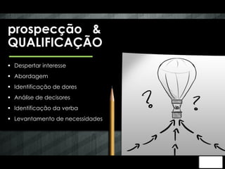 prospecção & 
QUALIFICAÇÃO 
§ Despertar interesse 
§ Abordagem 
§ Identificação de dores 
§ Análise de decisores 
§ Identificação da verba 
§ Levantamento de necessidades 
 