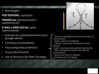 § Abordagem 
POR TELEFONE: captação 
PRESENCIAL: demonstração / 
apresentação 
E-MAIL e REDE SOCIAL: gerar 
oportunidade 
• prepare-se cuidadosamente (use o 
google alerta) 
• Conheça as prioridades 
• Faça perguntas poderosas 
• Ouça atentamente 
• Use as técnicas do Dale Carnegie 
. Torne-se verdadeiramente interessado na 
outra pessoa 
. Sorria, mesmo ao telefone 
. Fale de coisas que interessam à outra 
pessoa 
. Faça a outra pessoa sentir-se importante 
. Veja a situação do ponto de vista da 
outra pessoa 
. Lance com tato um desafio 
. Comece com um elogio 
 
