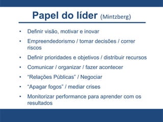 Papel do líder (Mintzberg)
• Definir visão, motivar e inovar
• Empreendedorismo / tomar decisões / correr
riscos
• Definir prioridades e objetivos / distribuir recursos
• Comunicar / organizar / fazer acontecer
• “Relações Públicas” / Negociar
• “Apagar fogos” / mediar crises
• Monitorizar performance para aprender com os
resultados
 