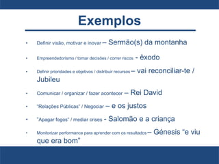Exemplos
• Definir visão, motivar e inovar – Sermão(s) da montanha
• Empreendedorismo / tomar decisões / correr riscos - êxodo
• Definir prioridades e objetivos / distribuir recursos – vai reconciliar-te /
Jubileu
• Comunicar / organizar / fazer acontecer – Rei David
• “Relações Públicas” / Negociar – e os justos
• “Apagar fogos” / mediar crises - Salomão e a criança
• Monitorizar performance para aprender com os resultados – Génesis “e viu
que era bom”
 