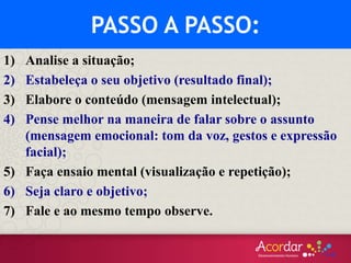 PASSO A PASSO:
1) Analise a situação;
2) Estabeleça o seu objetivo (resultado final);
3) Elabore o conteúdo (mensagem intelectual);
4) Pense melhor na maneira de falar sobre o assunto
(mensagem emocional: tom da voz, gestos e expressão
facial);
5) Faça ensaio mental (visualização e repetição);
6) Seja claro e objetivo;
7) Fale e ao mesmo tempo observe.
 