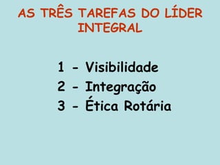 AS TRÊS TAREFAS DO LÍDER
INTEGRAL
1 - Visibilidade
2 - Integração
3 - Ética Rotária
 