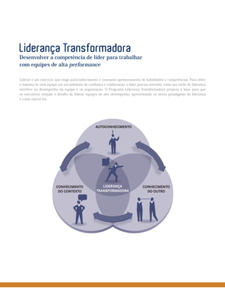 Liderança Transformadora
Desenvolver a competência de líder para trabalhar
com equipes de alta performance
Liderar é um exercício que exige autoconhecimento e constante aprimoramento de habilidades e competências. Para obter
o máximo de uma equipe em um ambiente de confiança e colaboração, o líder precisa entender como seu estilo de liderança
interfere no desempenho da equipe e na organização. O Programa Liderança Transformadora propicia a base para que
os executivos vençam o desafio de liderar equipes de alto desempenho, apresentando os novos paradigmas da liderança
e como exercê-los.
CONHECIMENTO
DO CONTEXTO
CONHECIMENTO
DO OUTRO
AUTOCONHECIMENTO
LIDERANÇA
TRANSFORMADORA
CONHECIMENTO
DO OUTRO
AUTOCONHECIMENTO
LIDERANÇA
TRANSFORMADORA
CONHECIMENTO
DO CONTEXTO
LIDERANÇA
TRANSFORMADORA
 