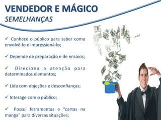 VENDEDOR 
E 
MÁGICO 
SEMELHANÇAS 
ü 
Conhece 
o 
público 
para 
saber 
como 
envolvê-­‐lo 
e 
impressioná-­‐lo; 
ü 
Depende 
de 
preparação 
e 
de 
ensaios; 
ü 
Di r e c i o n a 
a 
a t e n ç ã o 
p a r a 
determinados 
elementos; 
ü 
Lida 
com 
objeções 
e 
desconfianças; 
ü 
Interage 
com 
o 
público; 
ü 
Possui 
ferramentas 
e 
“cartas 
na 
manga” 
para 
diversas 
situações; 
 
