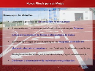 Novos Rituais para as Metas


Desvantagens das Metas Fixas

    •   Estimulam as pessoas a se concentrarem no curto prazo.

    •   Podem estimular comportamento disfuncional e anti‐ético pois Promove 

        cultura de Negociação de Metas e Manipulação de Dados

    •   Estreitam a percepção do desempenho pois são incapazes de medir um 

        elemento abstrato e complexo – como Qualidade, Proximidade com Clientes, 

        Satisfação de Colaboradores, eficácia da Publicidade, Capacidade de Inovação...

    •   Diminuem o desempenho de indivíduos e organizações.
 