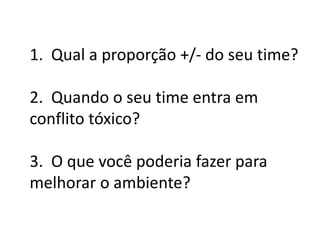 1. Qual a proporção +/- do seu time?
2. Quando o seu time entra em
conflito tóxico?
3. O que você poderia fazer para
melhorar o ambiente?
 