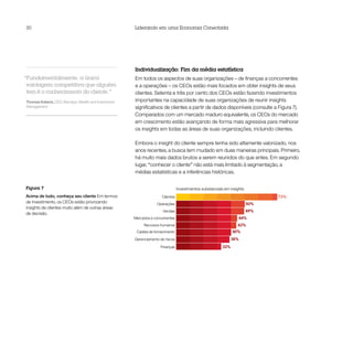 30                                                     Liderando em uma Economia Conectada




                                                       Individualização: Fim da média estatística
“Fundamentalmente, a única                             Em todos os aspectos de suas organizações – de finanças a concorrentes
 vantagem competitiva que alguém                       e a operações – os CEOs estão mais focados em obter insights de seus
 tem é o conhecimento do cliente.”                     clientes. Setenta e três por cento dos CEOs estão fazendo investimentos
Thomas Kalaris, CEO, Barclays, Wealth and Investment   importantes na capacidade de suas organizações de reunir insights
Management                                             significativos de clientes a partir de dados disponíveis (consulte a Figura 7).
                                                       Comparados com um mercado maduro equivalente, os CEOs do mercado
                                                       em crescimento estão avançando de forma mais agressiva para melhorar
                                                       os insights em todas as áreas de suas organizações, incluindo clientes.

                                                       Embora o insight do cliente sempre tenha sido altamente valorizado, nos
                                                       anos recentes, a busca tem mudado em duas maneiras principais. Primeiro,
                                                       há muito mais dados brutos a serem reunidos do que antes. Em segundo
                                                       lugar, “conhecer o cliente” não está mais limitado à segmentação, a
                                                       médias estatísticas e a inferências históricas.


Figura 7                                                                         Investimentos substanciais em insights
Acima de tudo, conheça seu cliente Em termos                          Clientes                                                  73%
de investimento, os CEOs estão priorizando                          Operações                                             50%
insights de clientes muito além de outras áreas
                                                                       Vendas                                             49%
de decisão.
                                                       Mercados e concorrentes                                     44%
                                                            Recursos humanos                                       43%
                                                        Cadeia de fornecimento                                  40%
                                                       Gerenciamento de riscos                                  38%
                                                                     Finanças                             32%
 