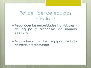 Rol del líder de equipos
efectivos
 Reconocer las necesidades individuales y
de equipo y atenderlas de manera
oportuna.
 Proporcionar a los equipos trabajo
desafiante y motivador.
 
