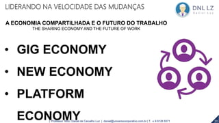• GIG ECONOMY
• NEW ECONOMY
• PLATFORM
ECONOMY 20| Professor MSc. Daniel de Carvalho Luz | daniel@universocorporativo.com.br | T. 15 9 9126 5571
A ECONOMIA COMPARTILHADA E O FUTURO DO TRABALHO
THE SHARING ECONOMY AND THE FUTURE OF WORK
LIDERANDO NA VELOCIDADE DAS MUDANÇAS
 