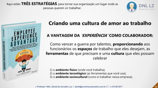 3232| Professor MSc. Daniel de Carvalho Luz | daniel@universocorporativo.com.br | T. 15 9 9126 5571
Aqui estão TRÊS ESTRATÉGIAS para tornar sua organização um lugar onde as
pessoas querem vir trabalhar.
1) o ambiente físico (onde você trabalha);
2) o ambiente tecnológico (as ferramentas que você usa);
3) o ambiente sociocultural (como é trabalhar nessa empresa).
Criando uma cultura de amor ao trabalho
A VANTAGEM DA ‘EXPERIÊNCIA’ COMO COLABORADOR:
Como vencer a guerra por talentos, proporcionando aos
funcionários os espaços de trabalho que eles desejam, as
ferramentas de que precisam e uma cultura que eles possam
celebrar
 