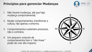 Princípios para gerenciar Mudanças
1. Não haverá mudanças, até que haja
mudança comportamental;
2. Mudar comportamentos, transformar a
cultura, não apenas o entorno;
3. Comportamentos sustentam processos,
não o contrário;
4. Um pequeno conjunto de
comportamentos tem o "não-linear“
poder de criar alto impacto;
393939| Professor MSc. Daniel de Carvalho Luz | daniel@universocorporativo.com.br | T. 15 9 9126 5571
 
