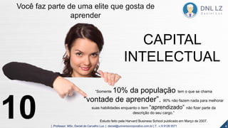 10
“Somente 10% da população tem o que se chama
“vontade de aprender”. 90% não fazem nada para melhorar
suas habilidades enquanto o item “aprendizado” não fizer parte da
descrição do seu cargo.”
Estudo feito pela Harvard Business School publicado em Março de 2007.
CAPITAL
INTELECTUAL
4| Professor MSc. Daniel de Carvalho Luz | daniel@universocorporativo.com.br | T. 15 9 9126 5571
Você faz parte de uma elite que gosta de
aprender
 