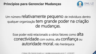Princípios para Gerenciar Mudanças
Um número relativamente pequeno de indivíduos dentro
qualquer organização tem grande poder na criação
de mudanças.
Esse poder está relacionado a vários fatores como alta
conectividade com outros, alta confiança ou
autoridade moral, não hierárquica
404040| Professor MSc. Daniel de Carvalho Luz | daniel@universocorporativo.com.br | T. 15 9 9126 5571
 