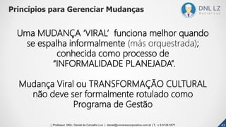 Uma MUDANÇA ‘VIRAL’ funciona melhor quando
se espalha informalmente (más orquestrada);
conhecida como processo de
“INFORMALIDADE PLANEJADA”.
Mudança Viral ou TRANSFORMAÇÃO CULTURAL
não deve ser formalmente rotulado como
Programa de Gestão
Princípios para Gerenciar Mudanças
434343| Professor MSc. Daniel de Carvalho Luz | daniel@universocorporativo.com.br | T. 15 9 9126 5571
 