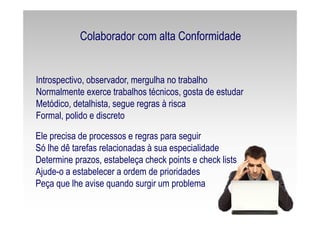 Introspectivo, observador, mergulha no trabalho
Normalmente exerce trabalhos técnicos, gosta de estudar
Metódico, detalhista, segue regras à risca
Formal, polido e discreto
Ele precisa de processos e regras para seguir
Só lhe dê tarefas relacionadas à sua especialidade
Determine prazos, estabeleça check points e check lists
Ajude-o a estabelecer a ordem de prioridades
Peça que lhe avise quando surgir um problema
Colaborador com alta Conformidade
 