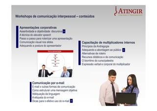 Apresentações corporativas
Assertividade e objetividade discursiva
A técnica do elevator speech
Passo a passo para roteirizar uma apresentação
Comunicação visual nos slides
Adequando a postura do apresentador
Workshops de comunicação interpessoal – conteúdos
Comunicação por e-mail
E-mail x outras formas de comunicação
Como estruturar uma mensagem objetiva
Adequação da linguagem
A etiqueta do e-mail
Dicas para o efetivo uso do e-mail
Capacitação de multiplicadores internos
Princípios da Andragogia
Adequando a abordagem ao público
Alternativas de roteiro
Recursos didáticos e de comunicação
O biorritmo do curso/palestra
Expressão verbal e corporal do multiplicador
>
>
>
 