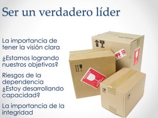 Ser un verdadero líder
La importancia de
tener la visión clara
¿Estamos logrando
nuestros objetivos?
Riesgos de la
dependencia
¿Estoy desarrollando
capacidad?
La importancia de la
integridad
 