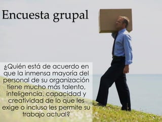 Encuesta grupal
¿Quién está de acuerdo en
que la inmensa mayoría del
personal de su organización
tiene mucho más talento,
inteligencia, capacidad y
creatividad de lo que les
exige o incluso les permite su
trabajo actual?
 