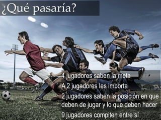¿Qué pasaría?
4 jugadores saben la meta
A 2 jugadores les importa
2 jugadores saben la posición en que
deben de jugar y lo que deben hacer
9 jugadores compiten entre sí
 