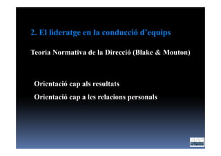 2. El lideratge en la conducció d’equips

Teoria Normativa de la Direcció (Blake & Mouton)



 Orientació cap als resultats
 Orientació cap a les relacions personals
 
